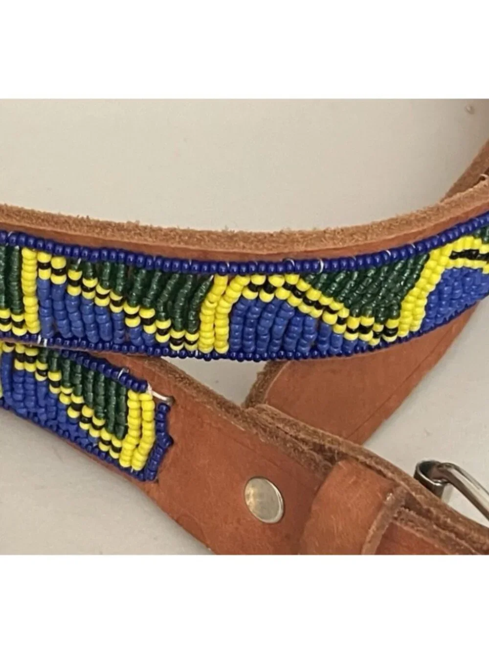 Maasai Inspired Beaded Leather Belt Blue Green Yellow Handmade 36